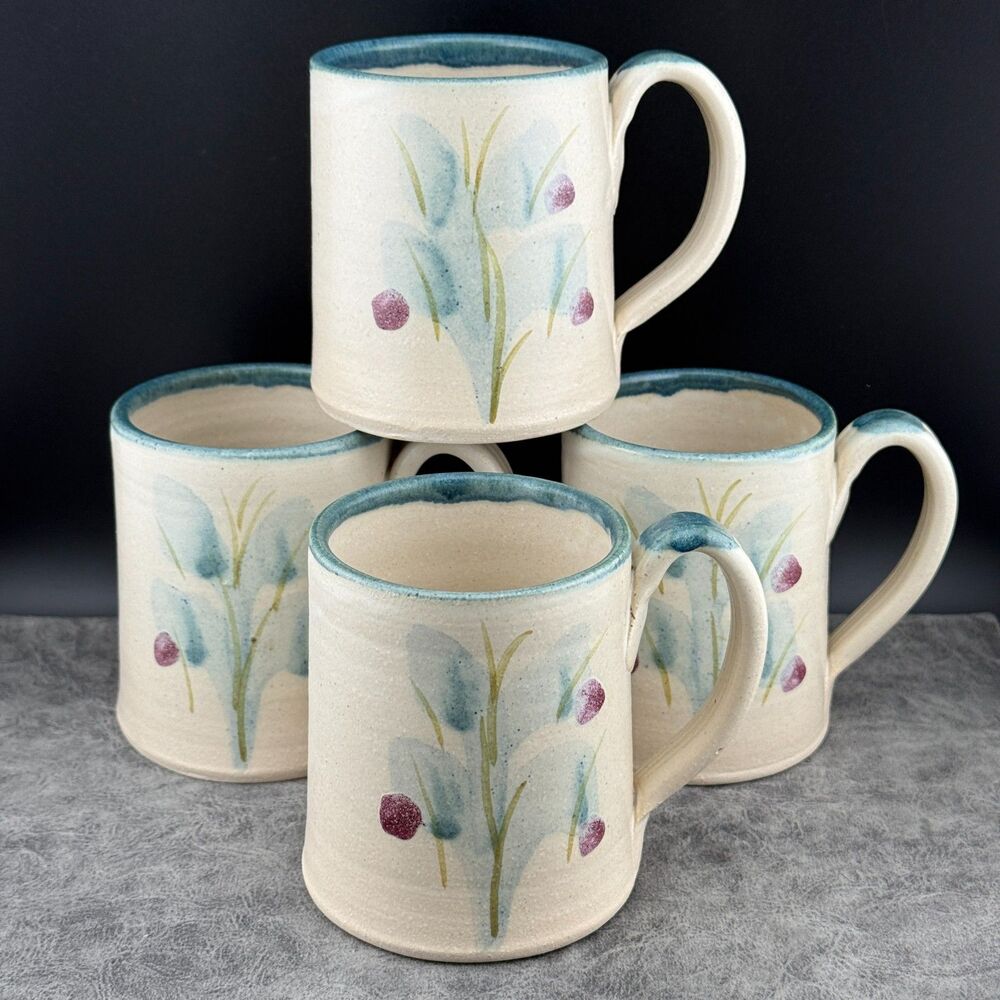 Four (4) Mugs Cups Set Signed 1996 Studio Art Nichols Pottery NC Beige Blue Boho